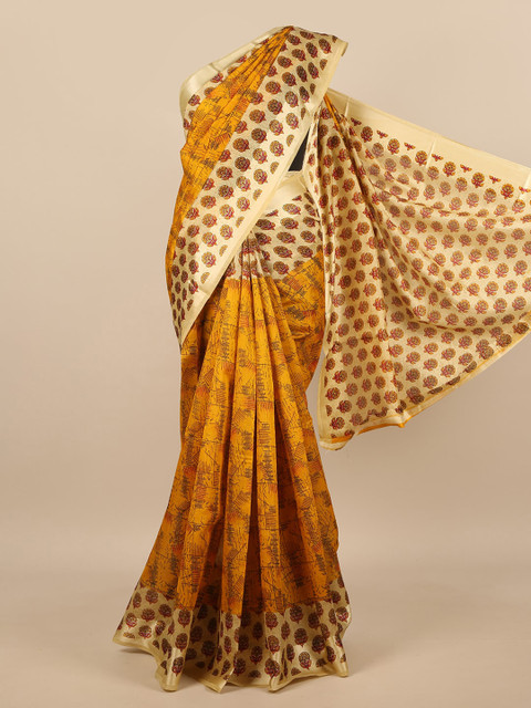

Pothys Mustard Yellow & Cream-Coloured Printed Saree