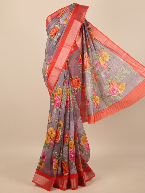 

Pothys Grey & Yellow Floral Cotton Blend Saree