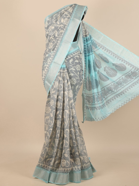 

Pothys Beige & Turquoise Blue Ethnic Motifs Cotton Blend Saree