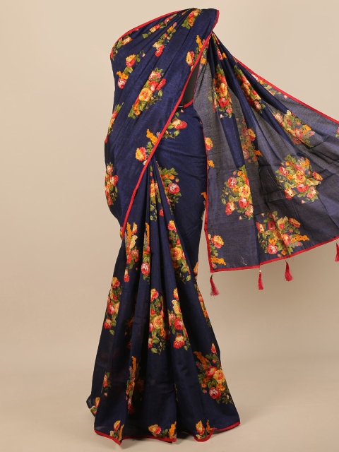 

Pothys Navy Blue & Yellow Floral Jute Silk Saree