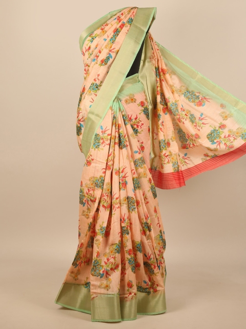 

Pothys Peach-Coloured & Green Floral Cotton Blend Saree