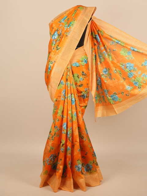 

Pothys Orange & Green Floral Cotton Blend Saree