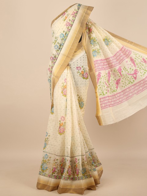 

Pothys Cream-Coloured Floral Cotton Blend Saree