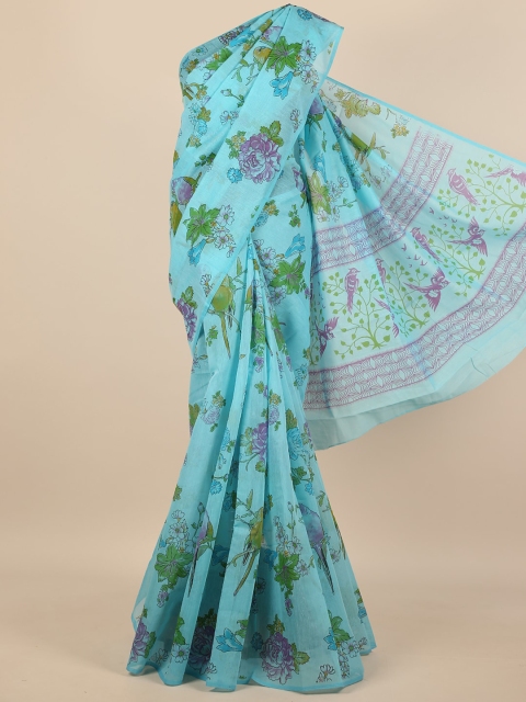 

Pothys Turquoise Blue Floral Cotton Blend Saree