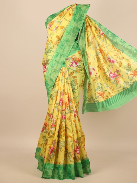 

Pothys Yellow & Green Floral Cotton Blend Saree