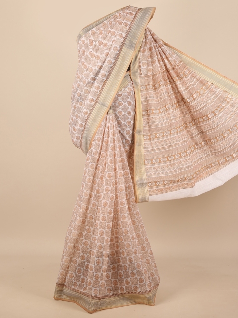 

Pothys Off White & Brown Ethnic Motifs Cotton Blend Saree