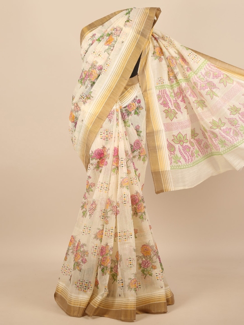 

Pothys Cream-Coloured Floral Cotton Blend Saree