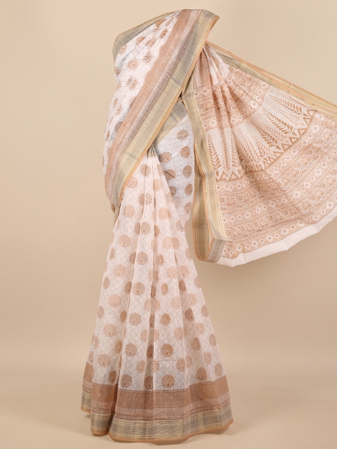 

Pothys Off White & Brown Ethnic Motifs Cotton Blend Saree