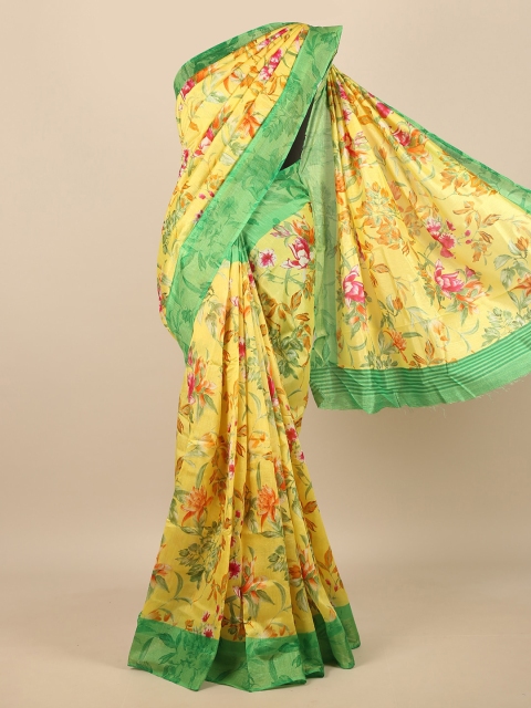 

Pothys Yellow & Green Floral Cotton Blend Saree