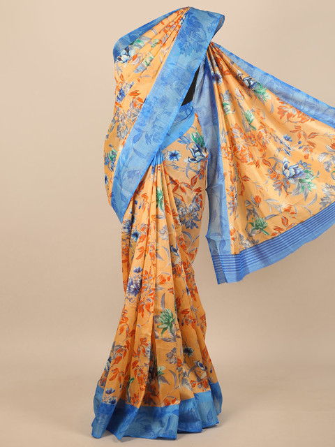 

Pothys Peach-Coloured & Blue Floral Cotton Blend Saree