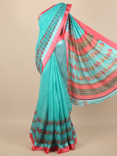 

Pothys Turquoise Blue & Fuchsia Ethnic Motifs Jute Silk Saree