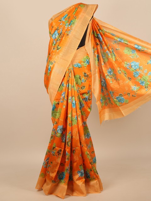 

Pothys Orange & Green Floral Cotton Blend Saree
