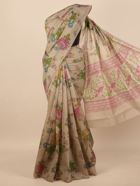 

Pothys Brown & Green Floral Cotton Blend Saree
