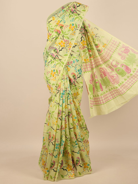 

Pothys Lime Green & Pink Floral Cotton Blend Saree
