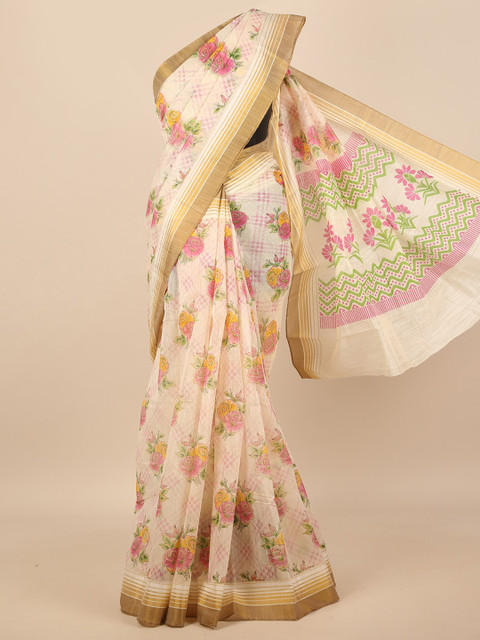 

Pothys Cream-Coloured & Yellow Floral Cotton Blend Saree