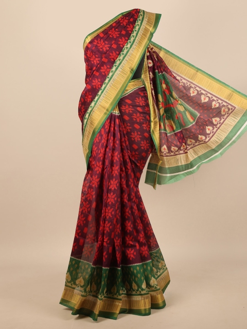 

Pothys Maroon & Green Ethnic Motifs Cotton Blend Saree