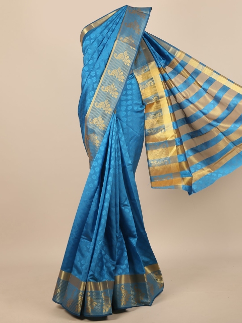 

Pothys Blue & Gold-Toned Ethnic Motifs Jute Silk Saree