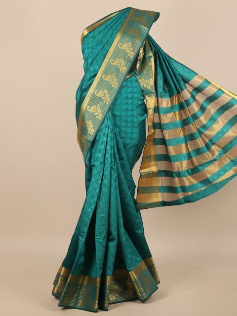 

Pothys Green & Gold-Toned Ethnic Motifs Woven Designed Saree