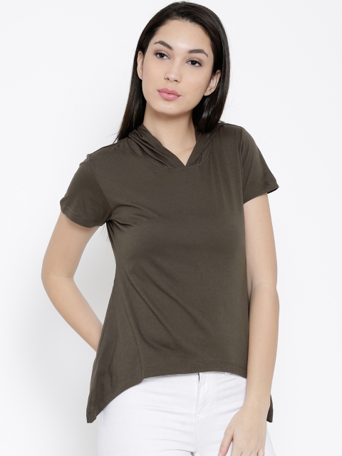 

YWC Women Olive Brown Solid Hodded Top