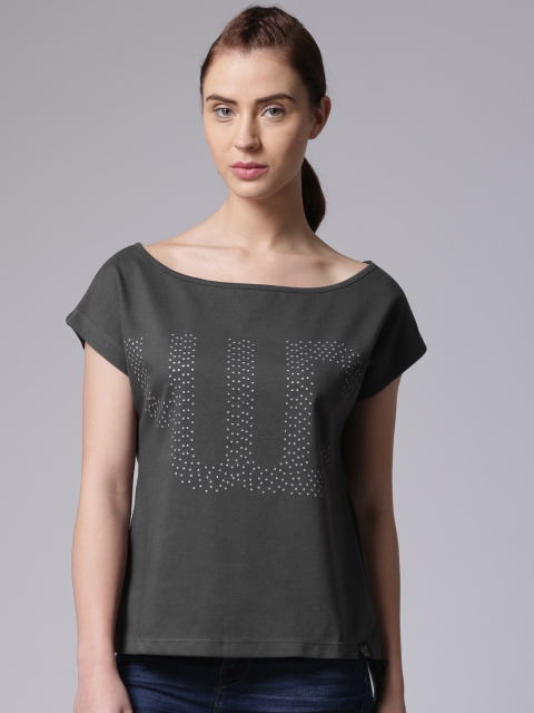 

YWC Women Charcoal Grey Self-Design Top