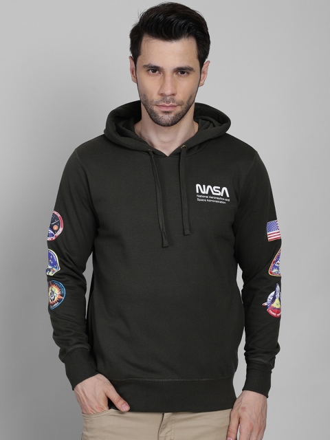 

Free Authority Men Olive Green NASA Printed Applique Hooded Sweatshirt