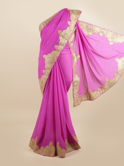 

Pothys Violet & Gold-Toned Embellished Beads and Stones Silk Blend Saree