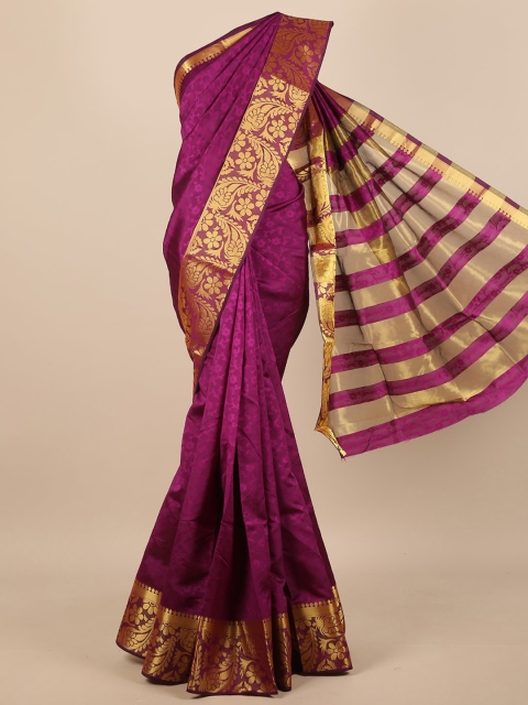 

Pothys Women Violet & Gold-Toned Ethnic Motifs Woven Designed Saree