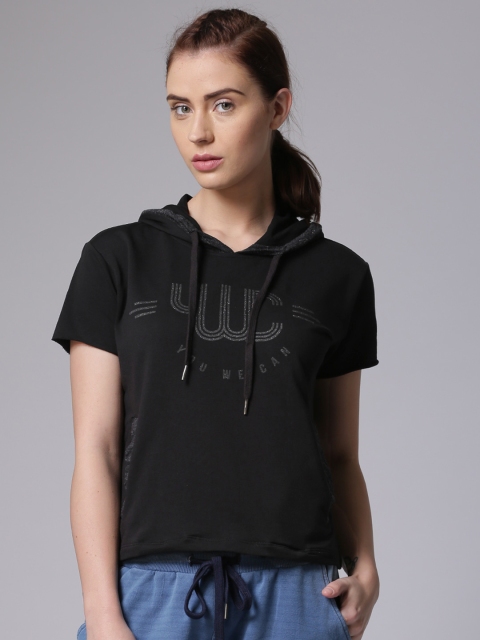 

YWC Women Black Printed Hooded Top