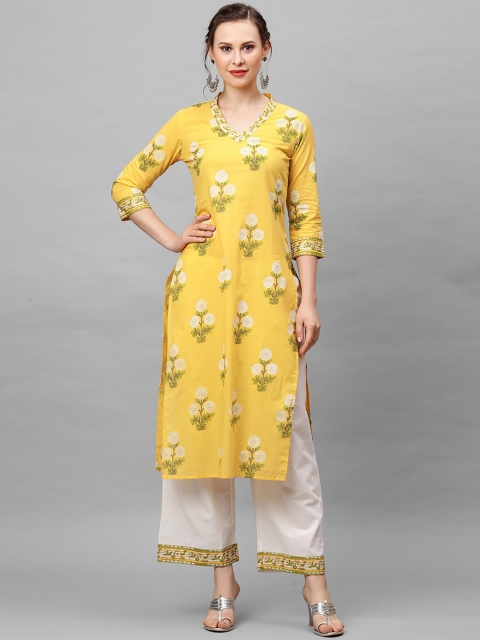 

Indo Era Women Yellow Floral Printed Regular Kurta with Palazzos