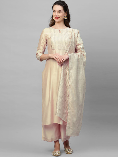

Indo Era Women Off White Yoke Design Regular Gotta Patti Liva Kurta with Palazzos & With Dupatta