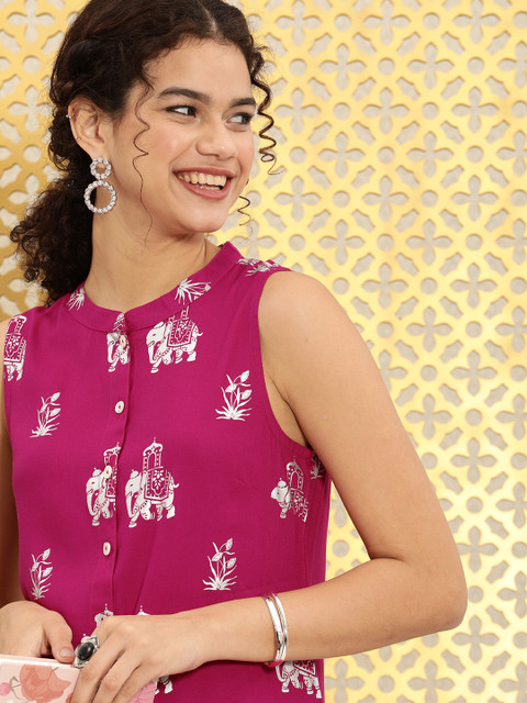 

Ode by House of Pataudi Women Pink & Silver-Toned Ethnic Motifs Foil Printed Rozana Kurta