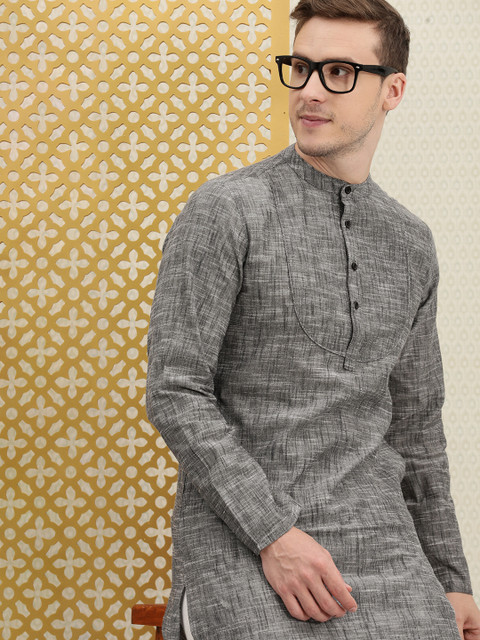 

House of Pataudi Men Grey Solid Pure Cotton Rozana Kurta
