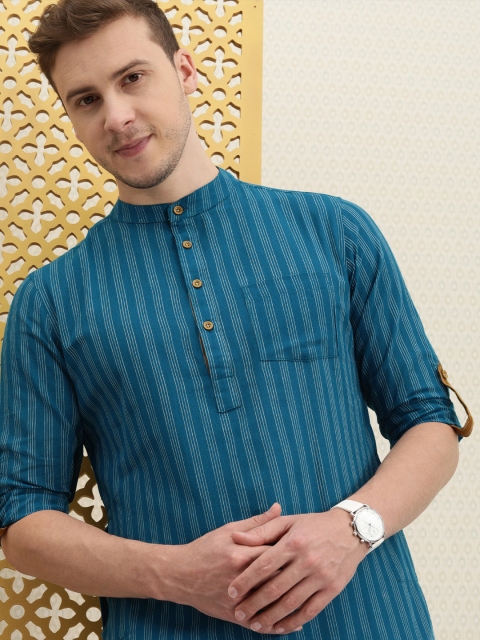 

House of Pataudi Men Blue & White Striped Pure Cotton Rozana Kurta