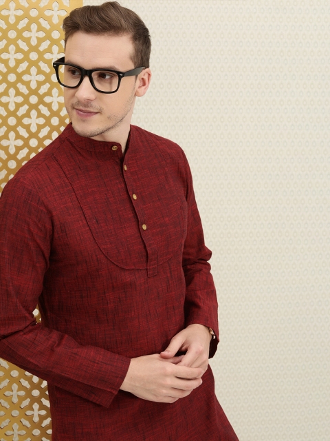 

House of Pataudi Men Maroon Woven Design Pure Cotton Rozana Straight Kurta