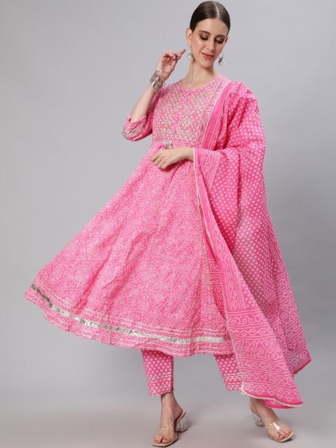

Ishin Women Pink Printed Empire Pure Cotton Kurti with Trousers & With Dupatta