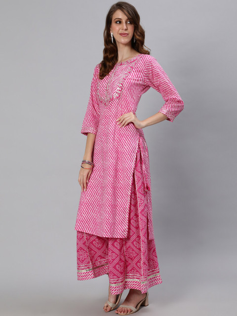 

Ishin Women Pink Ethnic Motifs Printed Layered Pure Cotton Kurta with Trousers & With Dupatta