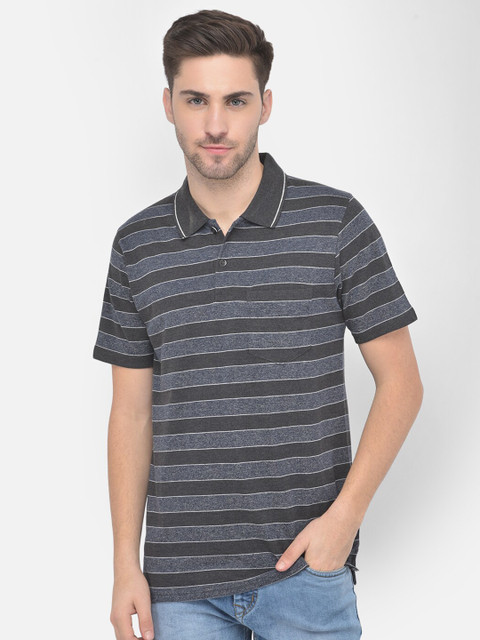 

COBB Men Olive Green Striped Polo Collar Pockets T-shirt