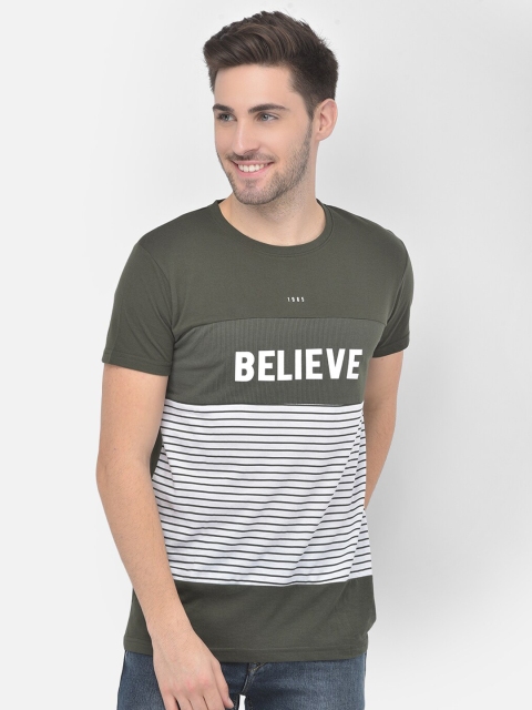 

COBB Men Olive Green Striped Applique T-shirt