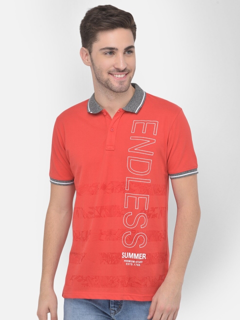 

COBB Men Red Typography Printed Polo Collar Raw Edge T-shirt
