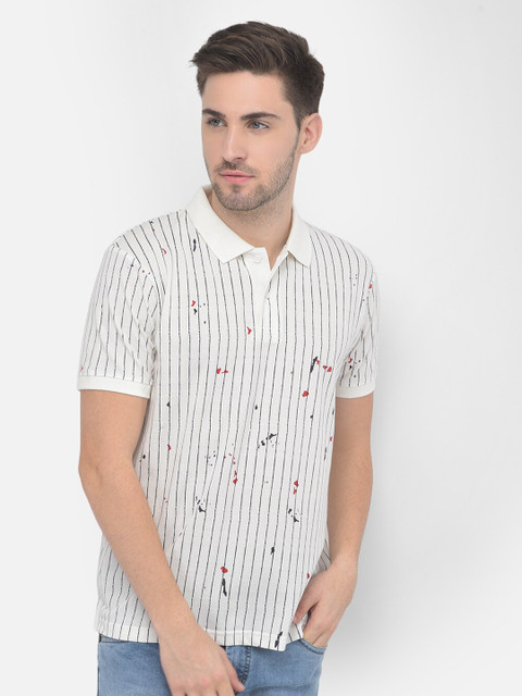 

COBB Men White Striped Polo Collar Pockets T-shirt