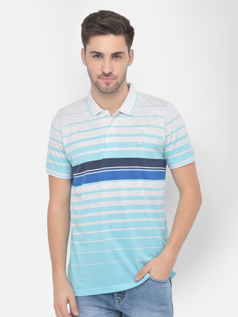

COBB Men Turquoise Blue Striped Polo Collar Pockets T-shirt