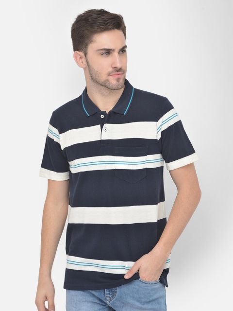 

COBB Men Navy Blue Striped Polo Collar Pockets T-shirt