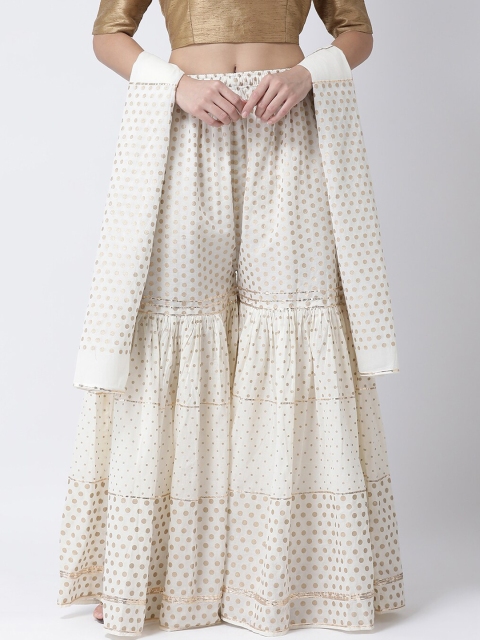 

Charitra Women Cream-Coloured & Gold-Coloured Printed Cotton Sharara With Dupatta