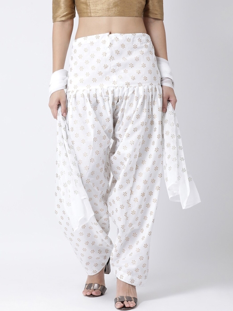 

Charitra Women White & Gold-Coloured Floral Printed Cotton Patiala With Dupatta