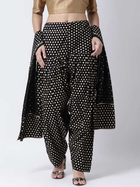 

Charitra Women Black & Gold-Coloured Printed Cotton Salwar With Dupatta
