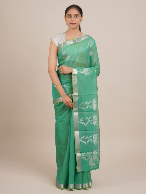 Pothys Women Green & Silver-Toned Woven Designed Saree