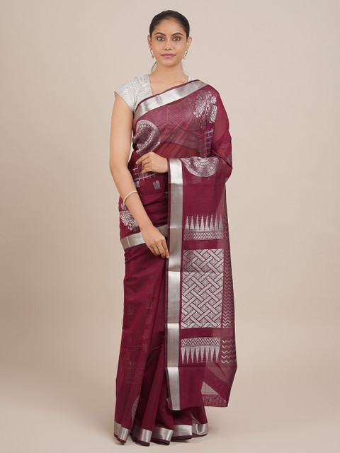 

Pothys Women Magenta & Silver-Toned Woven Designed Saree