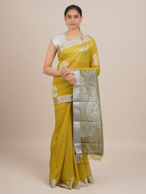 

Pothys Women Lemon Yellow & Silver-Toned Woven Designed Saree