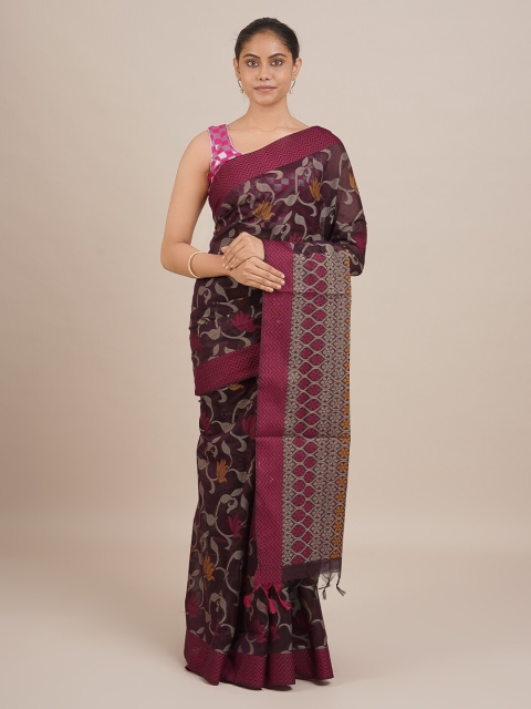 

Pothys Women Brown & Silver-Toned Woven Designed Saree