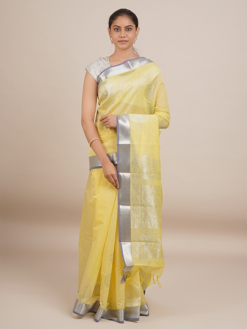 

Pothys Women Yellow & Silver-Toned Woven Designed Saree